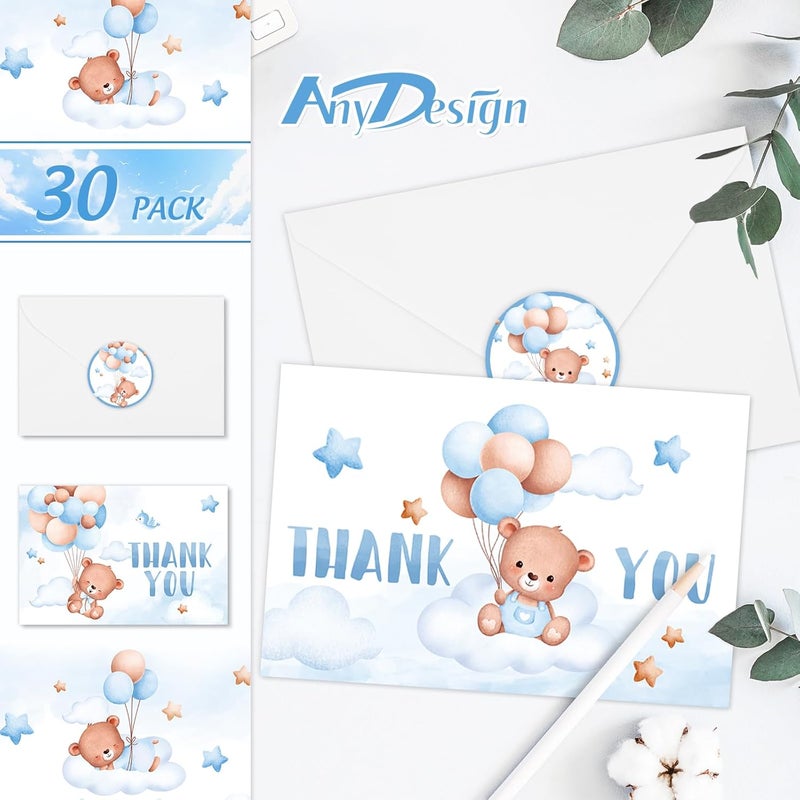 AnyDesign بطاقات شكر لحفلة استقبال المولود بتصميم دب كرتوني - عبوة 30 بطاقة مع مظروف وملصقات - Image 3
