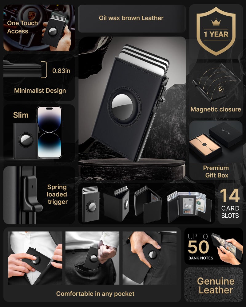 typecase AirTag Wallet for Men: Compatible with Apple AirTag (1st & 2nd Generation), RFID Blocking, Genuine Leather, Slim & Minimalist Design - 14 Card Capacity | ID Window | Cash Slot (Deep Black) - Image 2