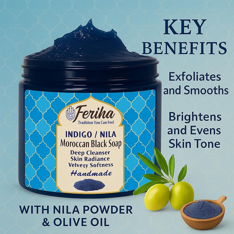 Feriha Moroccan Black Soap, Indigo, Sahara Nila, 100% Natural, Artisan Beldi Soap, Crafted & Packed in Morocco - Traditional Hammam Formula - Image 3