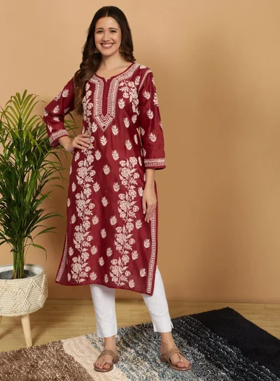 Alaya Women  Floral Embroidered Chikankari Cotton kurta-AL3670