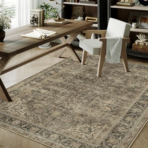 WondRg 4x5 Washable Area Rug Brown Vintage Non Slip Soft Low Pile Rug for Entryway Kitchen Bathroom Distressed Oriental Throw Carpet for Living Room Bedroom Home Decor - Image 1