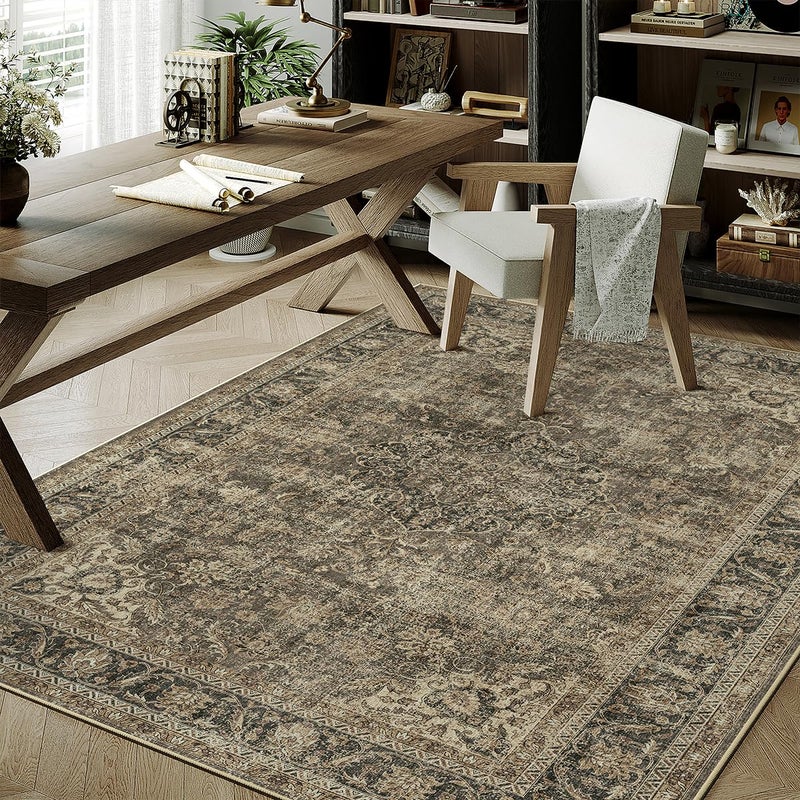 WondRg 4x5 Washable Area Rug Brown Vintage Non Slip Soft Low Pile Rug for Entryway Kitchen Bathroom Distressed Oriental Throw Carpet for Living Room Bedroom Home Decor - Image 2