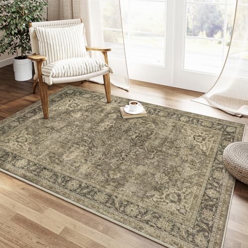 WondRg 4x5 Washable Area Rug Brown Vintage Non Slip Soft Low Pile Rug for Entryway Kitchen Bathroom Distressed Oriental Throw Carpet for Living Room Bedroom Home Decor - Image 3