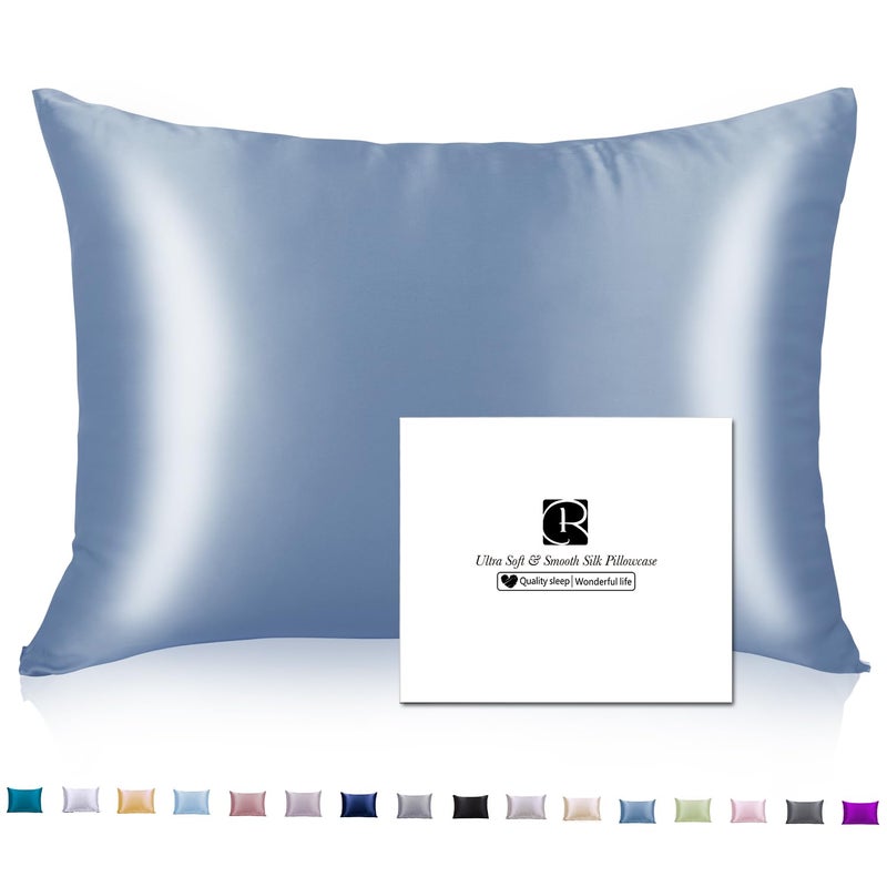 Ravmix Silk Pillow Cases with Zipper, 21momme Mulberry Silk Pillowcase for Hair Skin Health, Soft Smooth Breathable Cool Pillow Cover for Beauty Sleep with Gift Box 1PC(King 20"x36", Flint Blue)