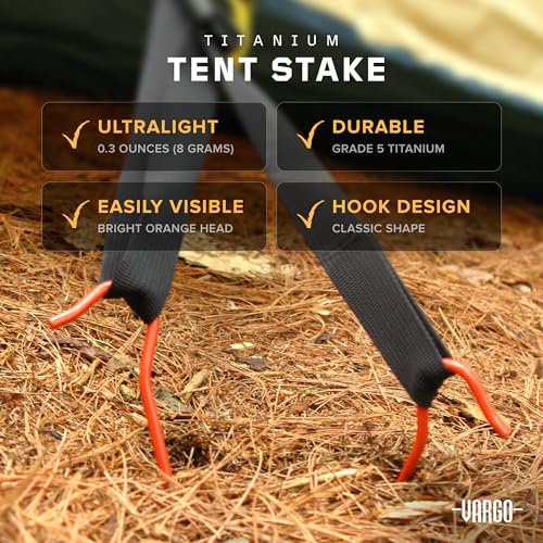 Vargo Titanium Shepherds Hook Stake with Fluorescent Orange Head (6 Pack) | Camping Tent Stakes | 0.3 Ounces (8 Grams) 6.5” L x 0.14” D (165 x 3.5mm) | Ultralight Durable Tent pegs | Model T-117 - Image 3