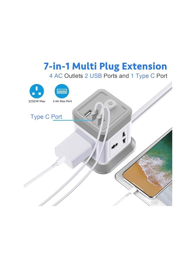Tycom Power Strip Surge Protector with USB + Type C, Extension Cord Flat Plug with Widely 4 AC Outlet and 2 USB 1 Type C, Small Desktop Station, Compact Socket for Multi Places - Grey and White. - Image 3