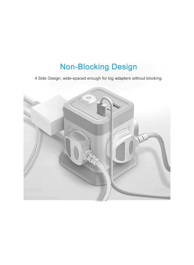 Tycom Power Strip Surge Protector with USB + Type C, Extension Cord Flat Plug with Widely 4 AC Outlet and 2 USB 1 Type C, Small Desktop Station, Compact Socket for Multi Places - Grey and White. - Image 2