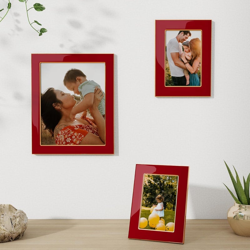 Fun Memories 8x10 Picture Frame - 1pcs Red Enamel Glass Photo Frame with Gold Metal Edge & Easel for Display Picture Frame on Countertops, Tabletops, Bookshelves, Desks, Walls (Red/Gold) - Image 3
