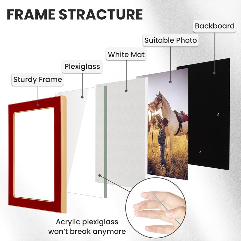 Fun Memories 8x10 Picture Frame - 1pcs Red Enamel Glass Photo Frame with Gold Metal Edge & Easel for Display Picture Frame on Countertops, Tabletops, Bookshelves, Desks, Walls (Red/Gold) - Image 5