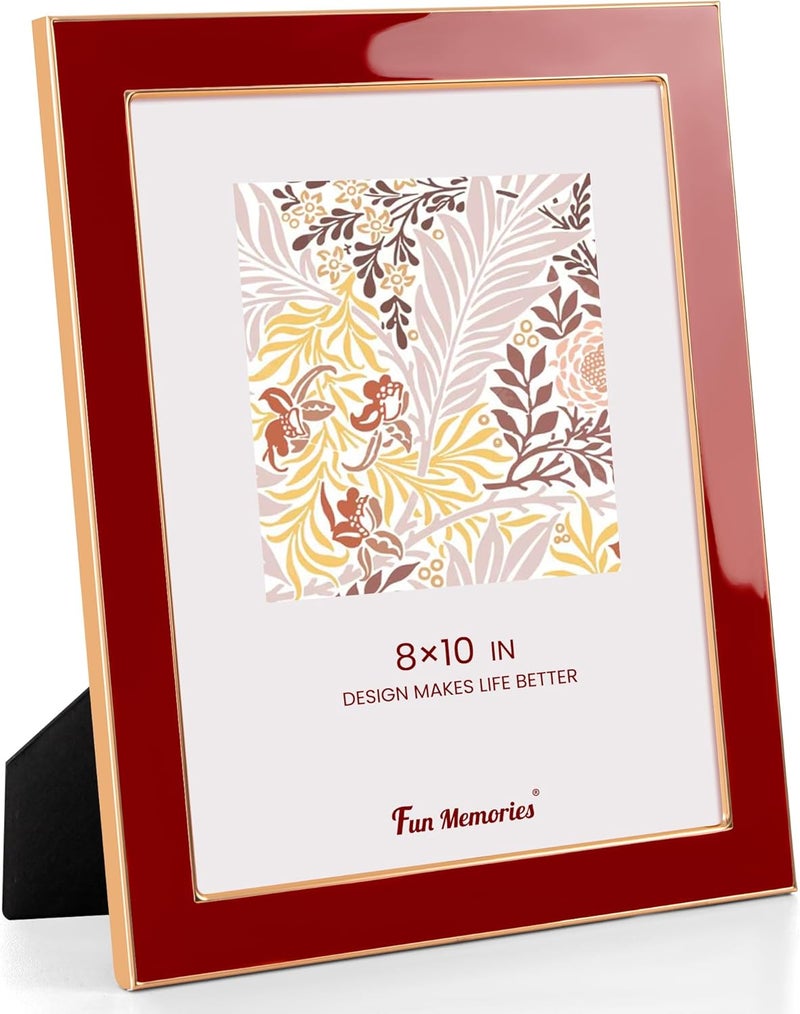 Fun Memories 8x10 Picture Frame - 1pcs Red Enamel Glass Photo Frame with Gold Metal Edge & Easel for Display Picture Frame on Countertops, Tabletops, Bookshelves, Desks, Walls (Red/Gold) - Image 1