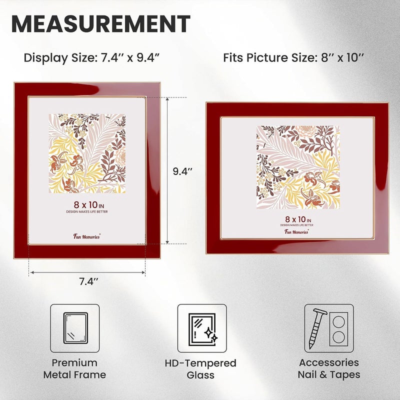 Fun Memories 8x10 Picture Frame - 1pcs Red Enamel Glass Photo Frame with Gold Metal Edge & Easel for Display Picture Frame on Countertops, Tabletops, Bookshelves, Desks, Walls (Red/Gold) - Image 4