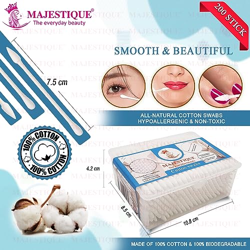 Majestique Cotton Swabs with Paper Sticks – Dual Tip Cotton Buds for Ear Cleaning, Makeup Removal & Face Care | Soft & Gentle | Eco-Friendly | 200 Sticks (Pack of 3) - Image 2
