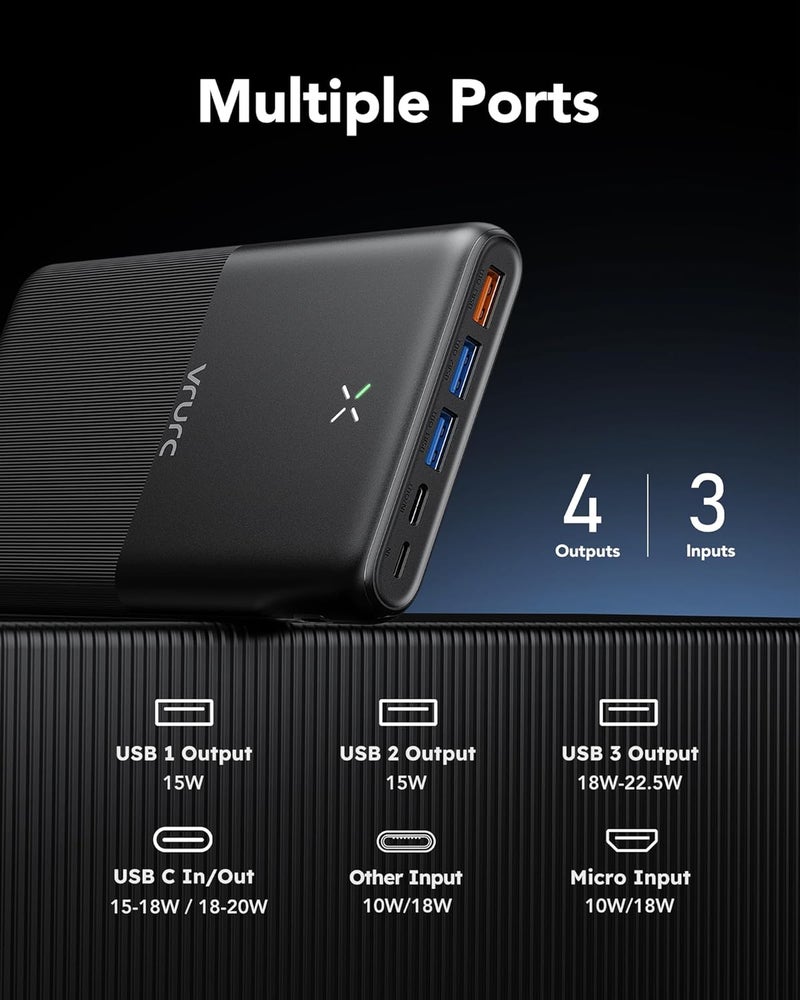 VRURC Power bank 30000mAh, PD 20W Portable Charger Fast Charging, USB C Slim Powerbank With 4 Outputs & 3 Inputs Compatible with iPhone 16 15 14 13 12 Pro Max iPad Samsung Huawei Tablet and More - Image 3