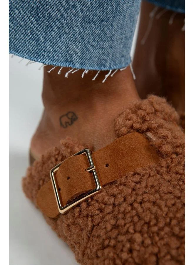 Manijero  Suzen Women's Textile Fur-Lined Genuine Leather Belted Buckle Tan Slippers - Brown for Women | Best Price UAE