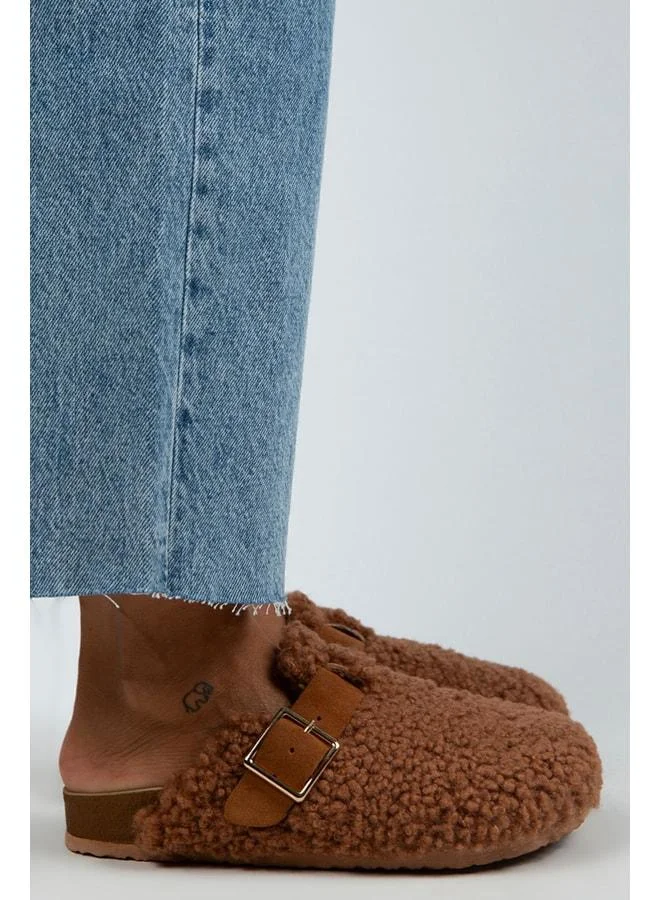 Suzen Women's Textile Fur-Lined Genuine Leather Belted Buckle Tan Slippers - Brown