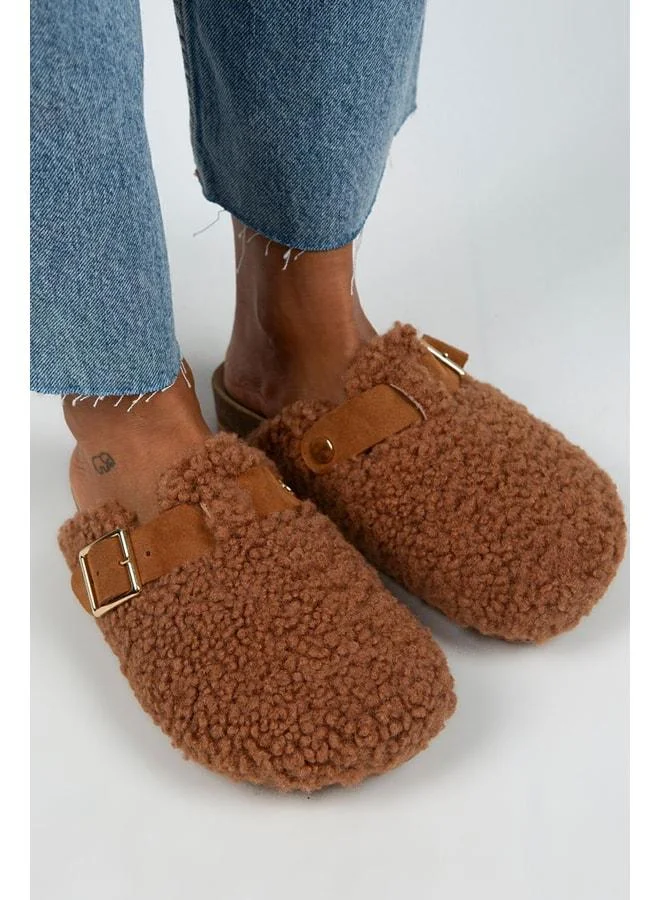 Manijero  Suzen Women's Textile Fur-Lined Genuine Leather Belted Buckle Tan Slippers - Brown for Women | Best Price UAE