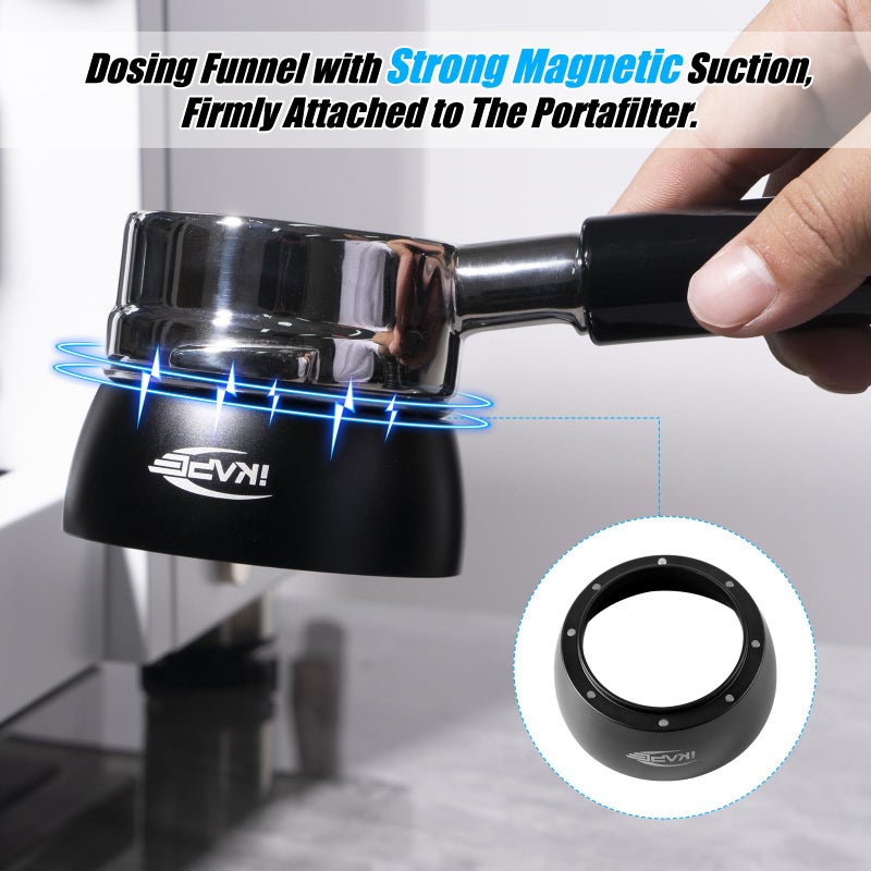 IKAPE Magnetic Dosing Funnel Set, 51MM Espresso Dosing Ring & Puck Screen Kit Compatible with Delonghi 51MM Bottomless Portafilter - with 8 Small Magnet (Black) - Image 3