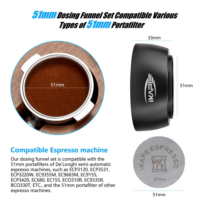 IKAPE Magnetic Dosing Funnel Set, 51MM Espresso Dosing Ring & Puck Screen Kit Compatible with Delonghi 51MM Bottomless Portafilter - with 8 Small Magnet (Black) - Image 2