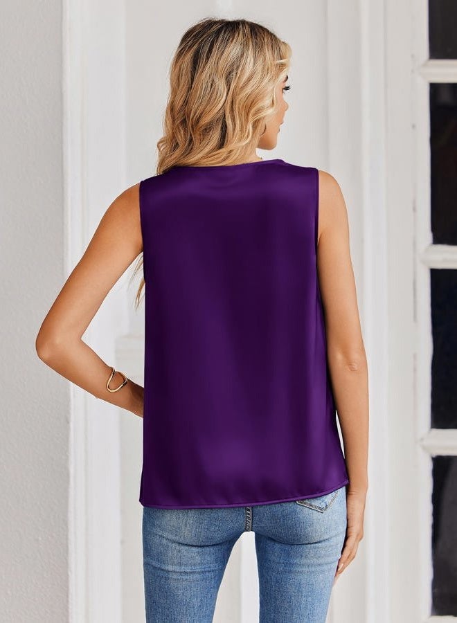 zeagoo Women's Silk Satin Tank Tops V Neck Casual Camisoles Sleeveless Business Work Blouses Dressy Summer Shirts, Purple, XXL - Image 2