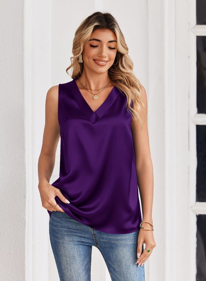 zeagoo Women's Silk Satin Tank Tops V Neck Casual Camisoles Sleeveless Business Work Blouses Dressy Summer Shirts, Purple, XXL - Image 3