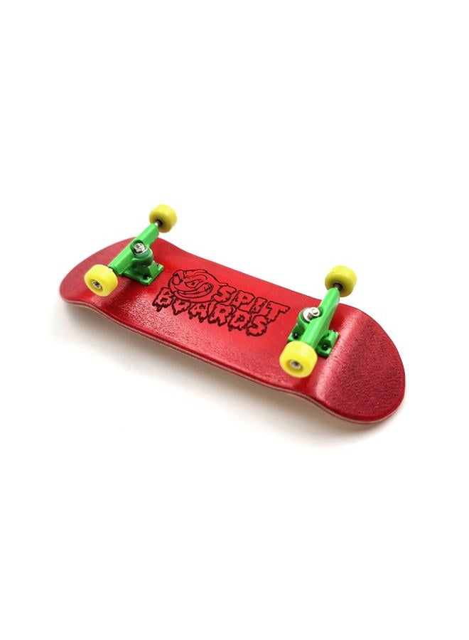 SPITBOARDS 32 mm Fingerboard Complete Real Wood Set-Up (Pre-Assembled, 5-Layers), Trucks with Nuts, Bearing Wheels, Foam Grip Tape, (Deck: Red, Trucks: Green, Wheels: Yellow) - Image 1