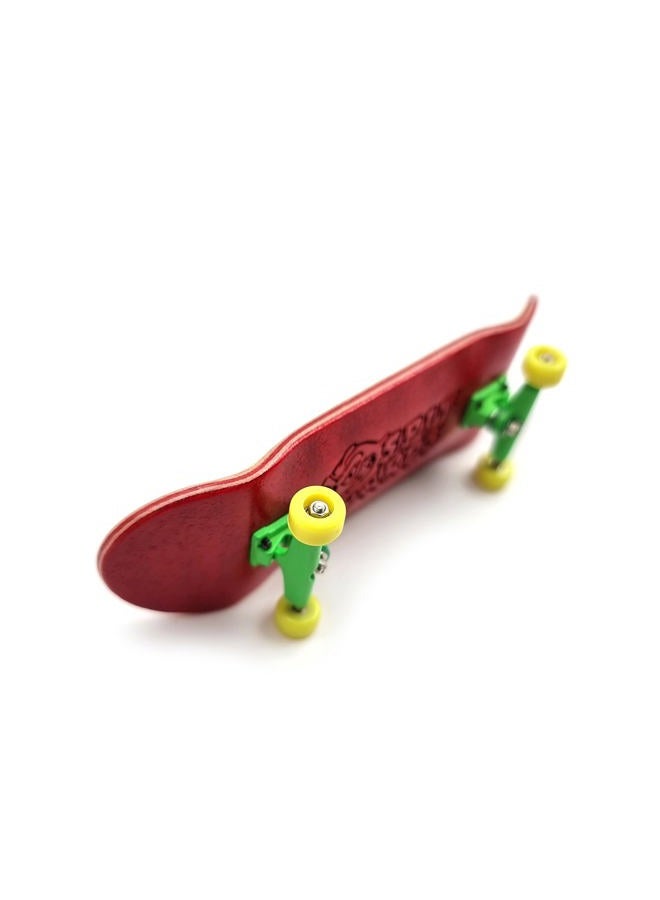SPITBOARDS 32 mm Fingerboard Complete Real Wood Set-Up (Pre-Assembled, 5-Layers), Trucks with Nuts, Bearing Wheels, Foam Grip Tape, (Deck: Red, Trucks: Green, Wheels: Yellow) - Image 2