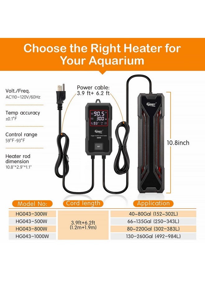 Hygger - Aquarium Heater 300W/500W/800W/1000W, Submersible Fish Tank Heater With Digital Led Controller And Intelligent Leaving Water Automatically Stop Heating System, For Freshwater And Saltwater - Image 1