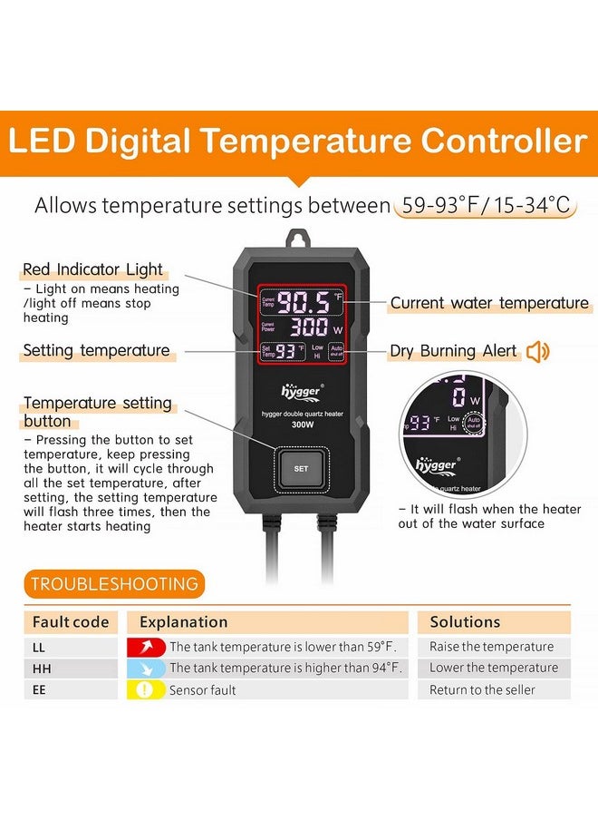 Hygger - Aquarium Heater 300W/500W/800W/1000W, Submersible Fish Tank Heater With Digital Led Controller And Intelligent Leaving Water Automatically Stop Heating System, For Freshwater And Saltwater - Image 1