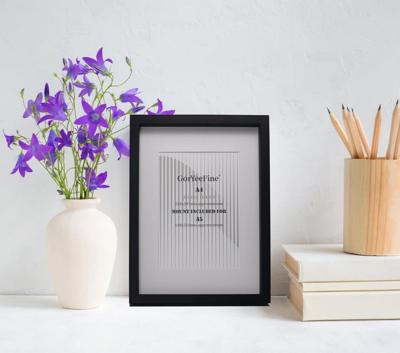 GorYeeFine Black A4 Boxed Picture Frame Set of 4 with Mount for A5, A4 Boxed Gallery Black Picture Frame 4PK, A4 Document Frame, A5 Modern Frame with Glass Window for Tabletop or Wall Mounting - Image 2