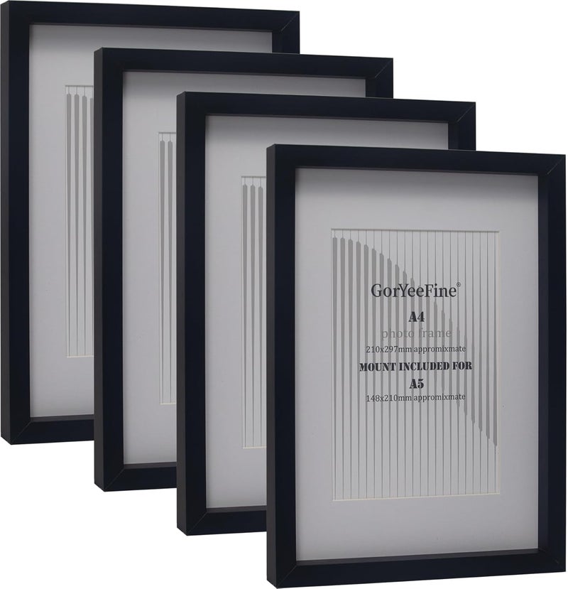 GorYeeFine Black A4 Boxed Picture Frame Set of 4 with Mount for A5, A4 Boxed Gallery Black Picture Frame 4PK, A4 Document Frame, A5 Modern Frame with Glass Window for Tabletop or Wall Mounting - Image 1