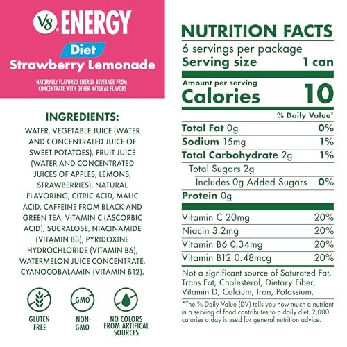 V8 Energy Diet Strawberry Lemonade Juice Energy Drink 8 fl oz Can 6 Pack - Image 5