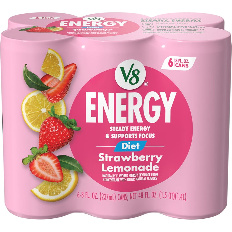 V8 Energy Diet Strawberry Lemonade Juice Energy Drink 8 fl oz Can 6 Pack - Image 3