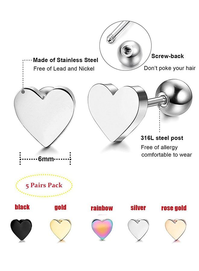 Ant 5 Pairs Love Earrings Set Hypoallergenic Earrings Stainless Steel Earrings 6mm(Multiple Colour) - Image 2