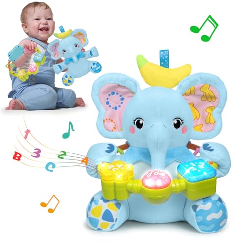 Holaxander Baby Elephant Musical Stuffed Animals Toy with LightUp Music CrinkleInfant Bilingual Early Learning Education Toys1st Easter Basket Shower Stuffers for 03612 Months Boy Girl GiftsBlue - Image 1