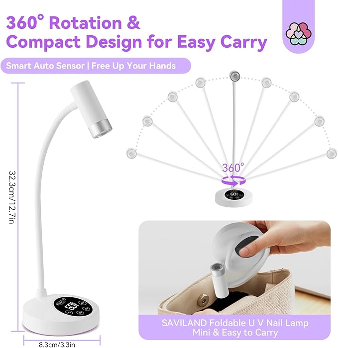 SAVILAND Intellisense Nail Lamp 30W UV Nail Lamp with 4 Timers Modes Mini Cordless UV Lamps for Gel Nails Rechargeable UV LED Flash Cure Nail Lamp Quick Drying Goose Necks UV Nail Lamp