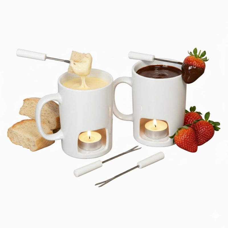 Evelots Fondue Pot Set for Chocolate, Cheese, Candy (2 Pack) Mini Ceramic Fondue Mugs Gift Set with 4 Forks & 8 Candles - Great for Date Night Birthday & Wedding Gifts â€“ White - Image 1
