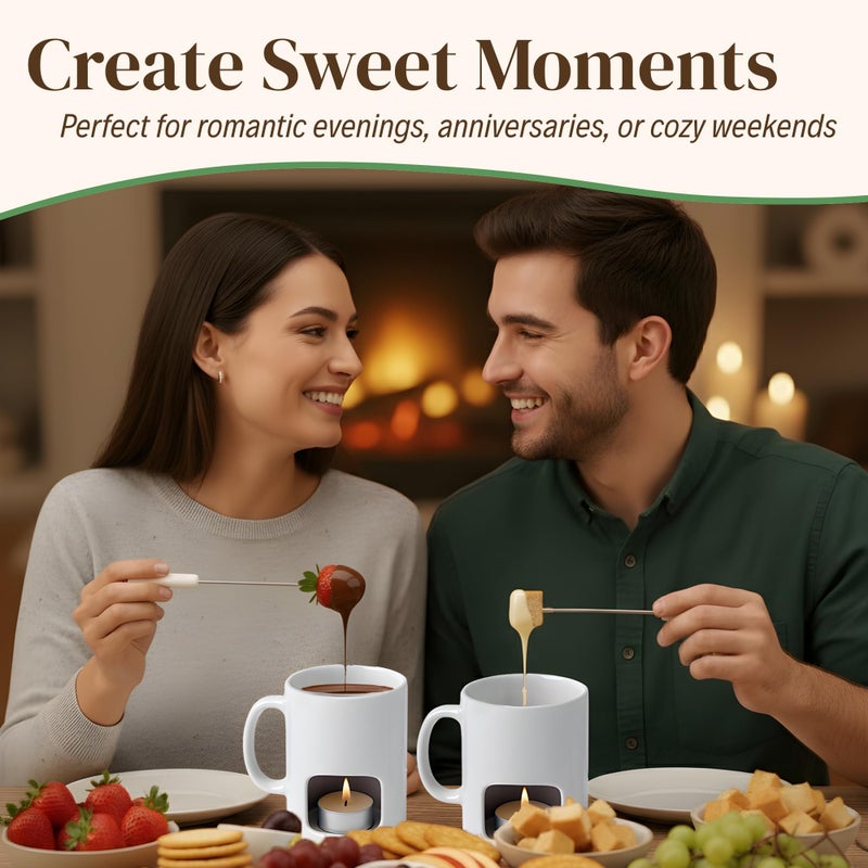Evelots Fondue Pot Set for Chocolate, Cheese, Candy (2 Pack) Mini Ceramic Fondue Mugs Gift Set with 4 Forks & 8 Candles - Great for Date Night Birthday & Wedding Gifts â€“ White - Image 2