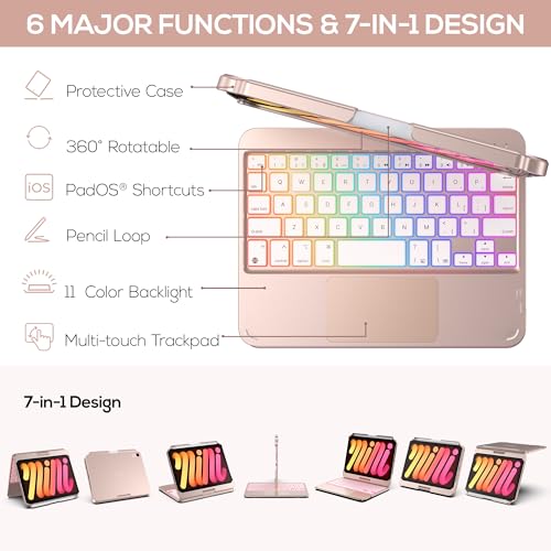 typecase Keyboard Case for iPad mini 7 (2024) & Mini 6 (2021) - Wireless Case with Keyboard for iPad mini 7th 6th Generation 8.3" - 10 Colors Backlit Keyboard Cover with Trackpad - Rose Gold - Image 3