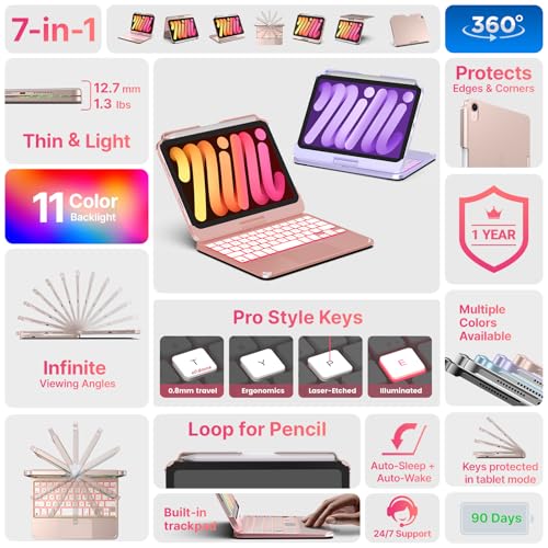 typecase Keyboard Case for iPad mini 7 (2024) & Mini 6 (2021) - Wireless Case with Keyboard for iPad mini 7th 6th Generation 8.3" - 10 Colors Backlit Keyboard Cover with Trackpad - Rose Gold - Image 4