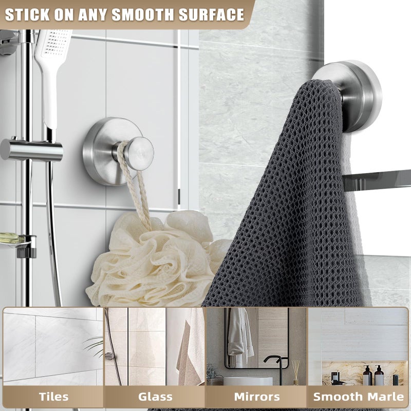 Fenas Suction Cup Hooks for Shower No-Drill Bathroom Hooks for Towels, Robes, Loofah Mountable on Bathroom Walls, Kitchen, Glass, Mirrors, Tile and Smooth,Non-Porous Surfaces (2, Brushed Nickel) - Image 2