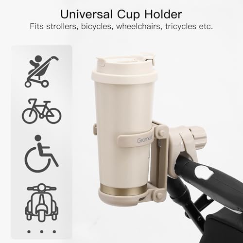 Gromast Foldable Stroller Cup Holder, 360°Rotatable with Adjustable Clip, Universal Cup Holder for Stroller, Wheelchair, Bike, Walker, Scooter, Tricycle - Khaki - Image 4