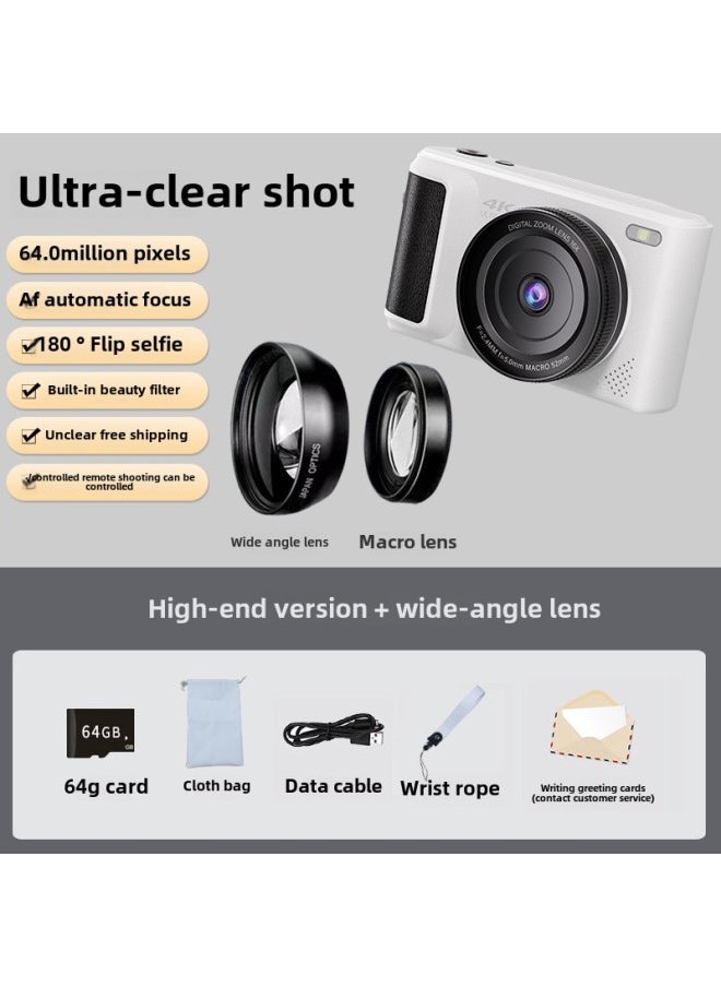 Generic 6400W HD Flip Screen Micro Single Digital Camera Voice Control Camera Student Entry Level CCD Camera-Body Color:64g Card + Bright And Elegant White  - Image 1