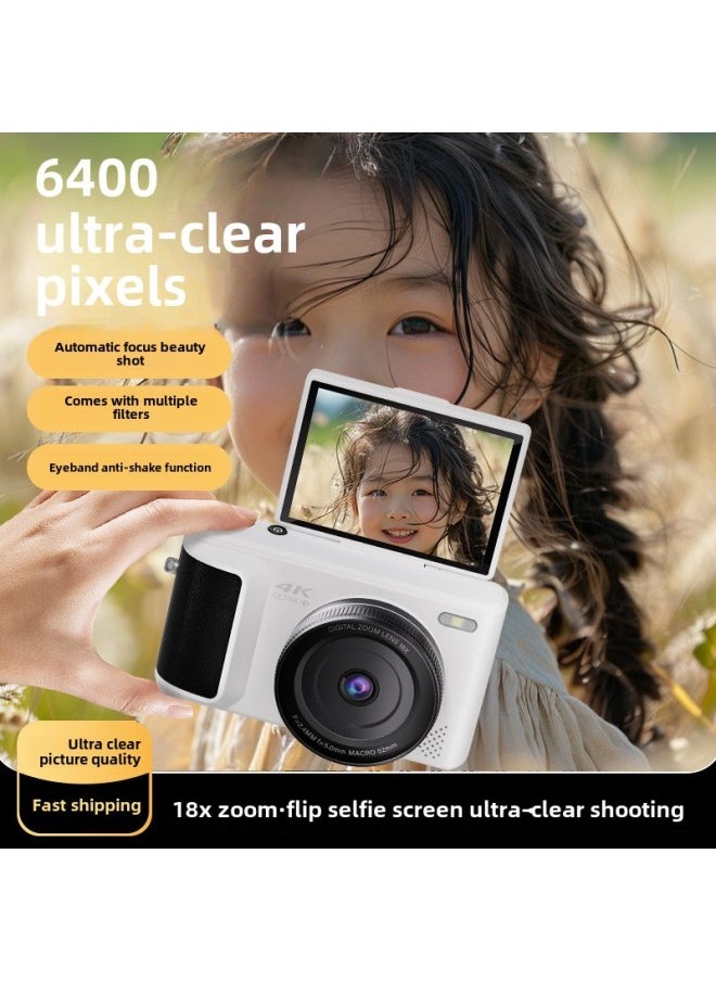 Generic 6400W HD Flip Screen Micro Single Digital Camera Voice Control Camera Student Entry Level CCD Camera-Body Color:64g Card + Bright And Elegant White  - Image 2