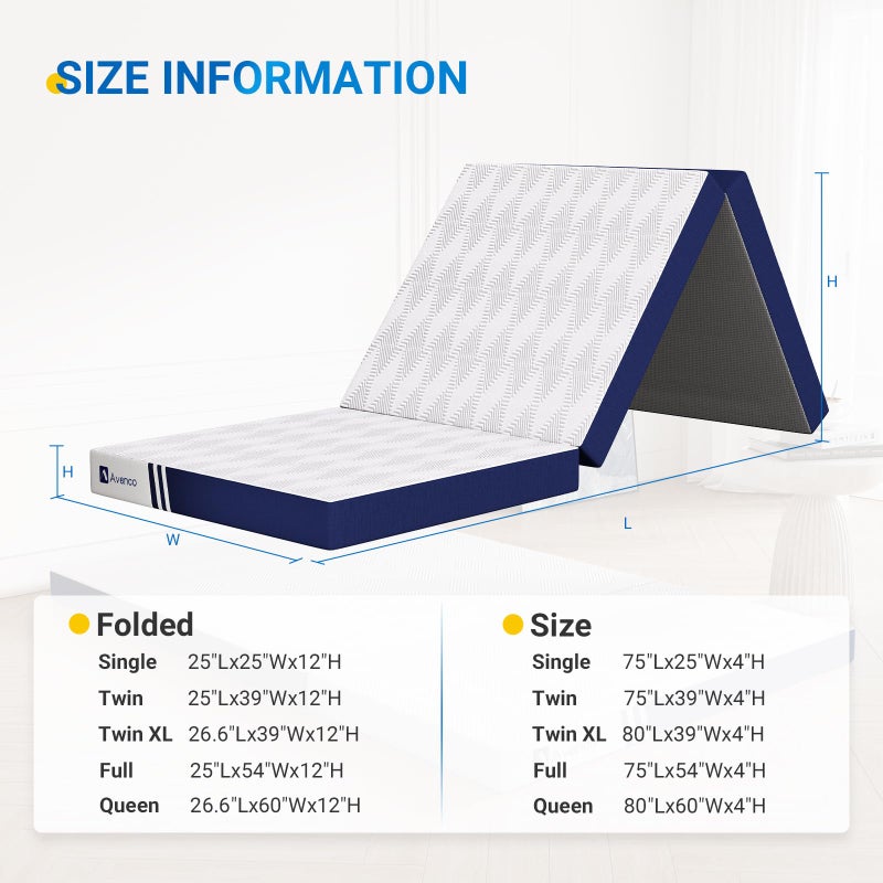 Avenco Trifold Mattress, 4 Inch Folding Mattress Queen Size, Memory Foam Foldable with Removable Cover & Detachable for Floor Bed, Camping, Guest - Image 2