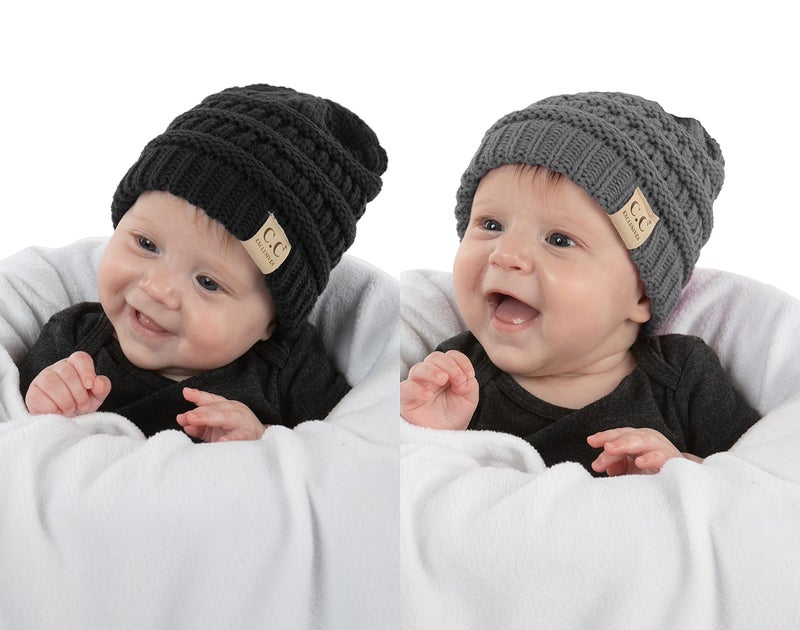 Funky Junque Baby Winter Hat â€“ Cute Newborn Beanie, Infant Girl Hats 0â€“12 Months, Baby Beanies for Boys & Girls, Cozy Warm Stocking Stuffer Gift: 2 Pack - Black & Heather Grey - Image 1