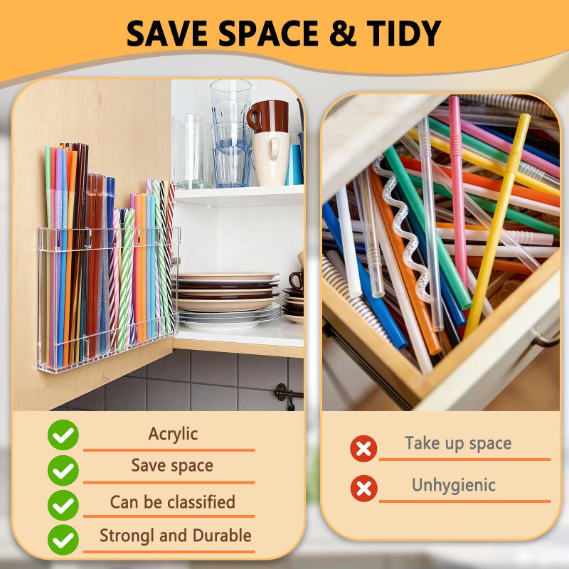 NTIERA New Upgrade 9.5" Large Acrylic Straw Holder for Cabinet Door-Reusable Tumbler Straw Organizer Storage,Small Kitchen Organizers and Storage Accessories Container,Ultra Sticky Cupboard Door Mounted - Image 4