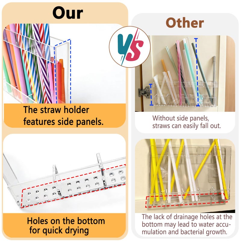 NTIERA New Upgrade 9.5" Large Acrylic Straw Holder for Cabinet Door-Reusable Tumbler Straw Organizer Storage,Small Kitchen Organizers and Storage Accessories Container,Ultra Sticky Cupboard Door Mounted - Image 3