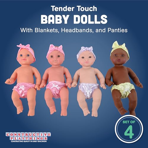 Constructive Playthings Tender Touch 12" H Multicultural Baby Doll Toys Set with Blankets, Headbands, and Panties, Set of 4 Diverse Baby Dolls for Kids, Multicolor - Image 2