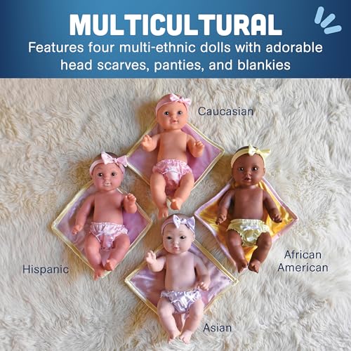 Constructive Playthings Tender Touch 12" H Multicultural Baby Doll Toys Set with Blankets, Headbands, and Panties, Set of 4 Diverse Baby Dolls for Kids, Multicolor - Image 3