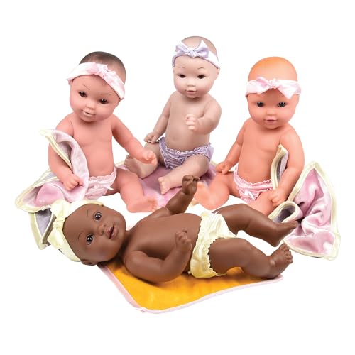 Constructive Playthings Tender Touch 12" H Multicultural Baby Doll Toys Set with Blankets, Headbands, and Panties, Set of 4 Diverse Baby Dolls for Kids, Multicolor - Image 1